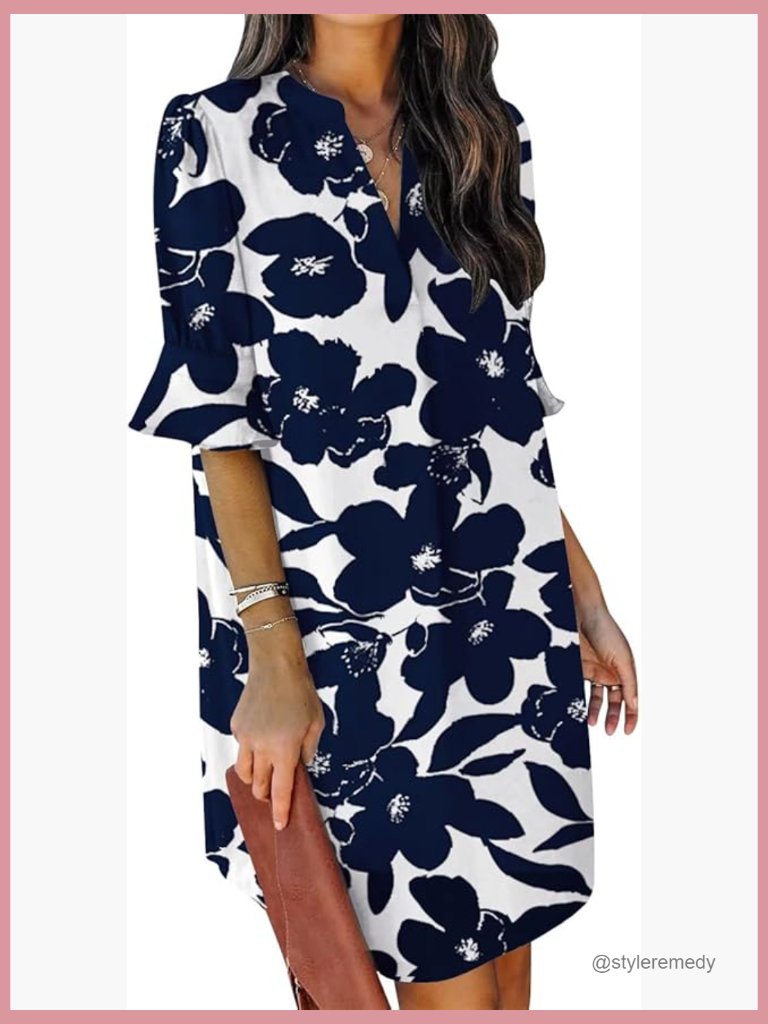 Polyester V Neck Ruffle Short Sleeve Casual Shift Dress